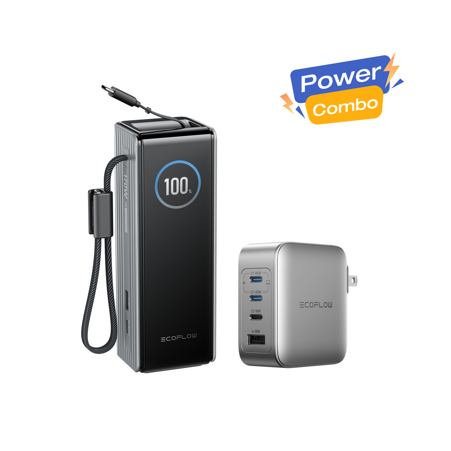 Load image into Gallery viewer, EcoFlow RAPID Power Bank (25K, 170W, 100W Built-In and Retractable Cables) + 140W Charger