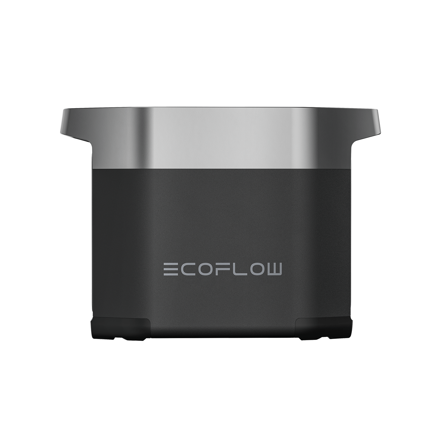 EcoFlow DELTA 2 Smart Extra Battery shown head-on against white: a compact rectangular unit with a black lower body, a brushed silver top band, the 'ECOFLOW' wordmark centered on the front face, and short black feet. No display, ports or outlets are visible on this face, and no host station is shown.